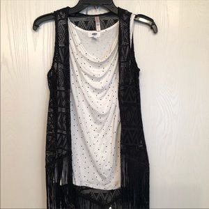 Women’s black lace vest with fringe on the bottom